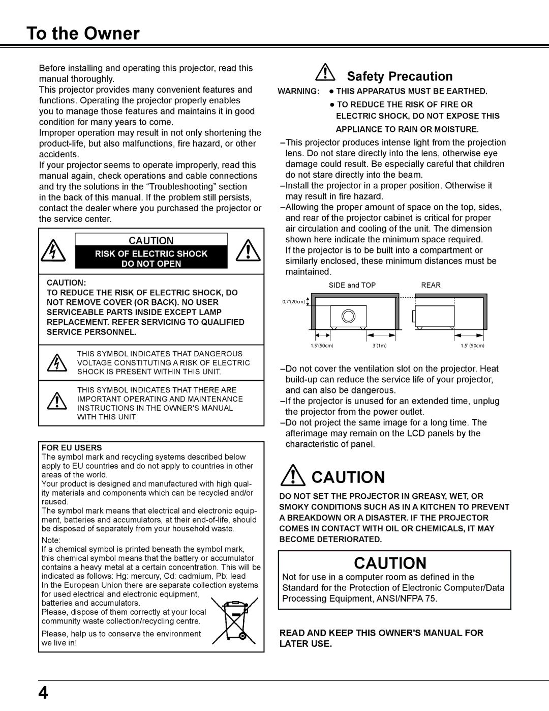 Sanyo PLC-WL2503A owner manual To the Owner, Safety Precaution 