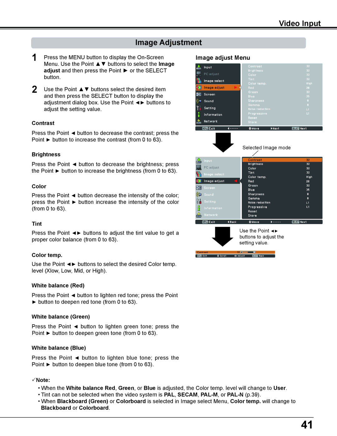 Sanyo PLC-WL2503A owner manual Video Input Image Adjustment, Image adjust Menu, Tint, Blackboard or Colorboard 