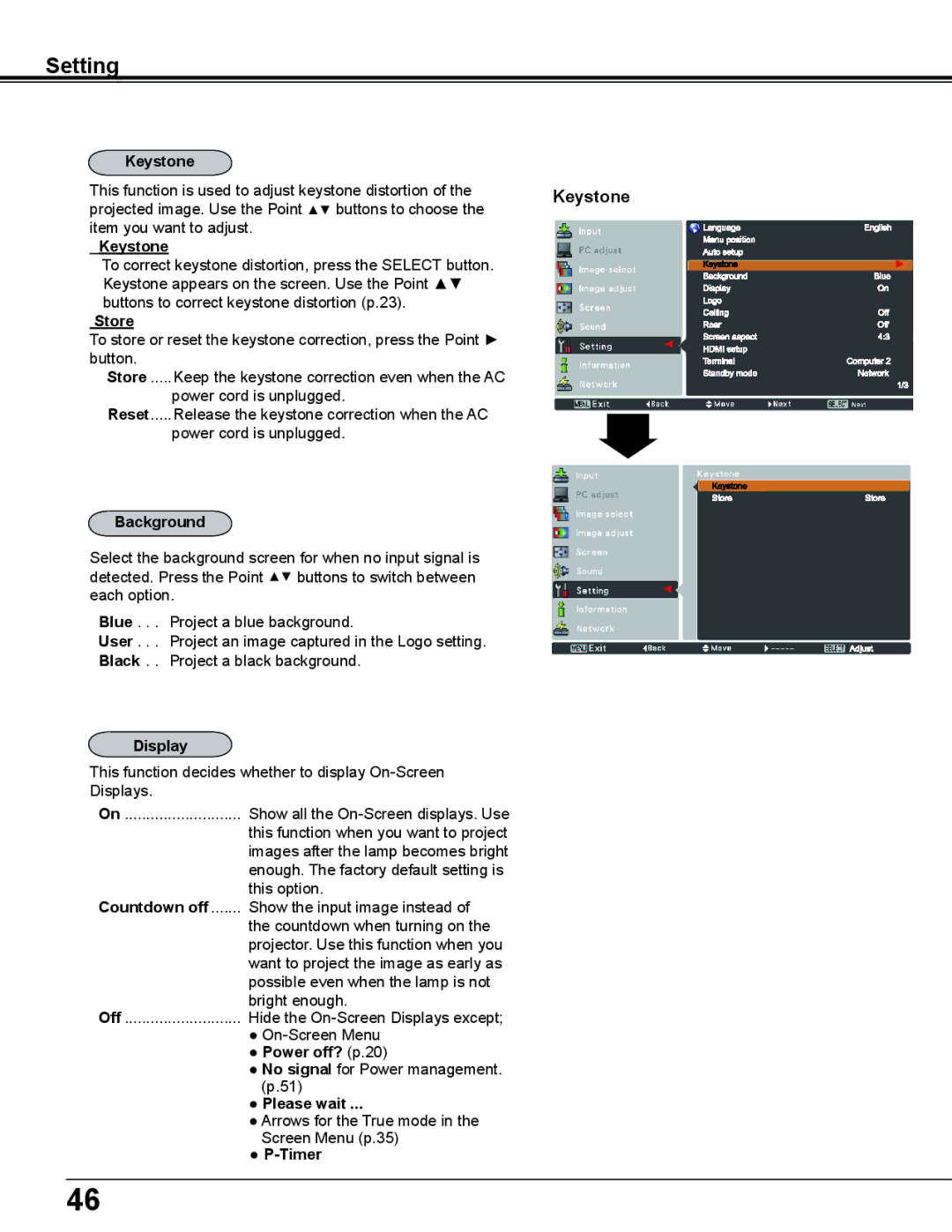 Sanyo PLC-WL2503A owner manual Keystone, Background, Display, Countdown off, Power off? p.20, Please wait, Timer 