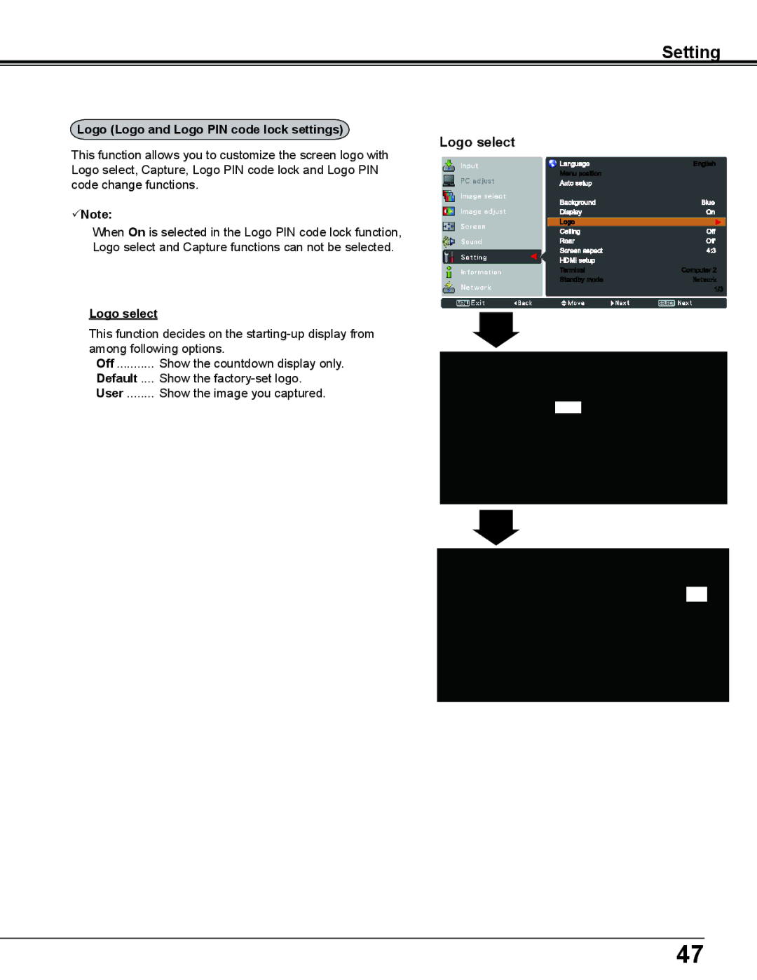 Sanyo PLC-WL2503A owner manual Logo select, Logo Logo and Logo PIN code lock settings, Default 