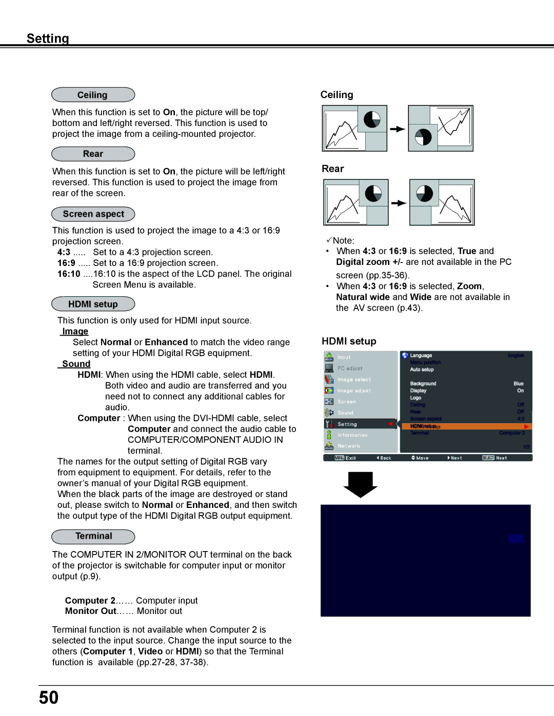 Sanyo PLC-WL2503A owner manual Ceiling Rear, Hdmi setup 