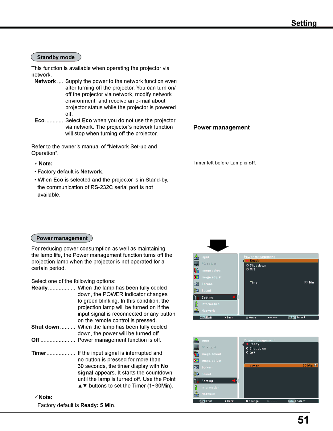 Sanyo PLC-WL2503A owner manual Power management, Standby mode 