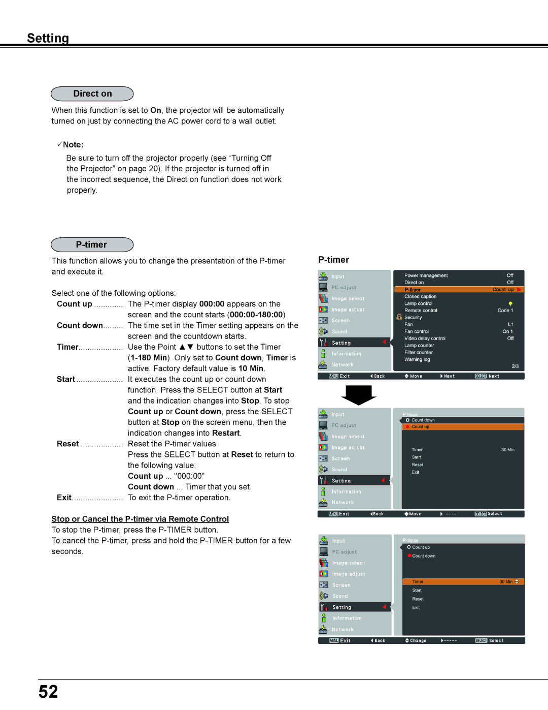 Sanyo PLC-WL2503A owner manual Direct on, Note, Min . Only set to Count down , Timer is 