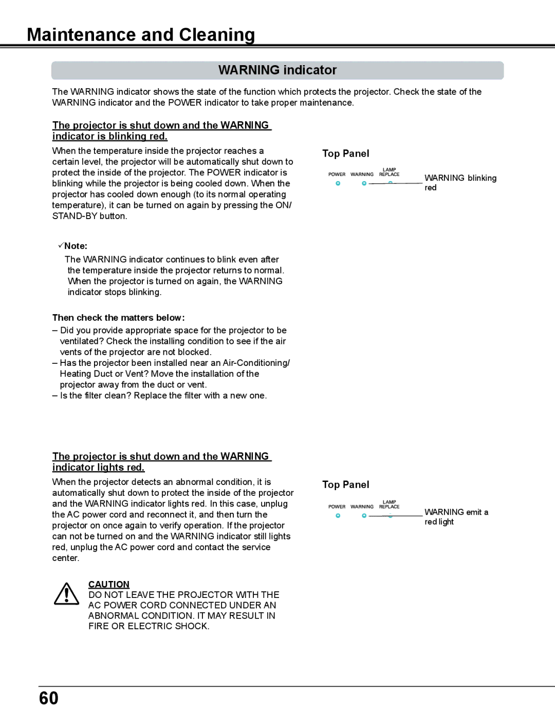 Sanyo PLC-WL2503A owner manual Maintenance and Cleaning, Projector is shut down and the Warning indicator lights red 