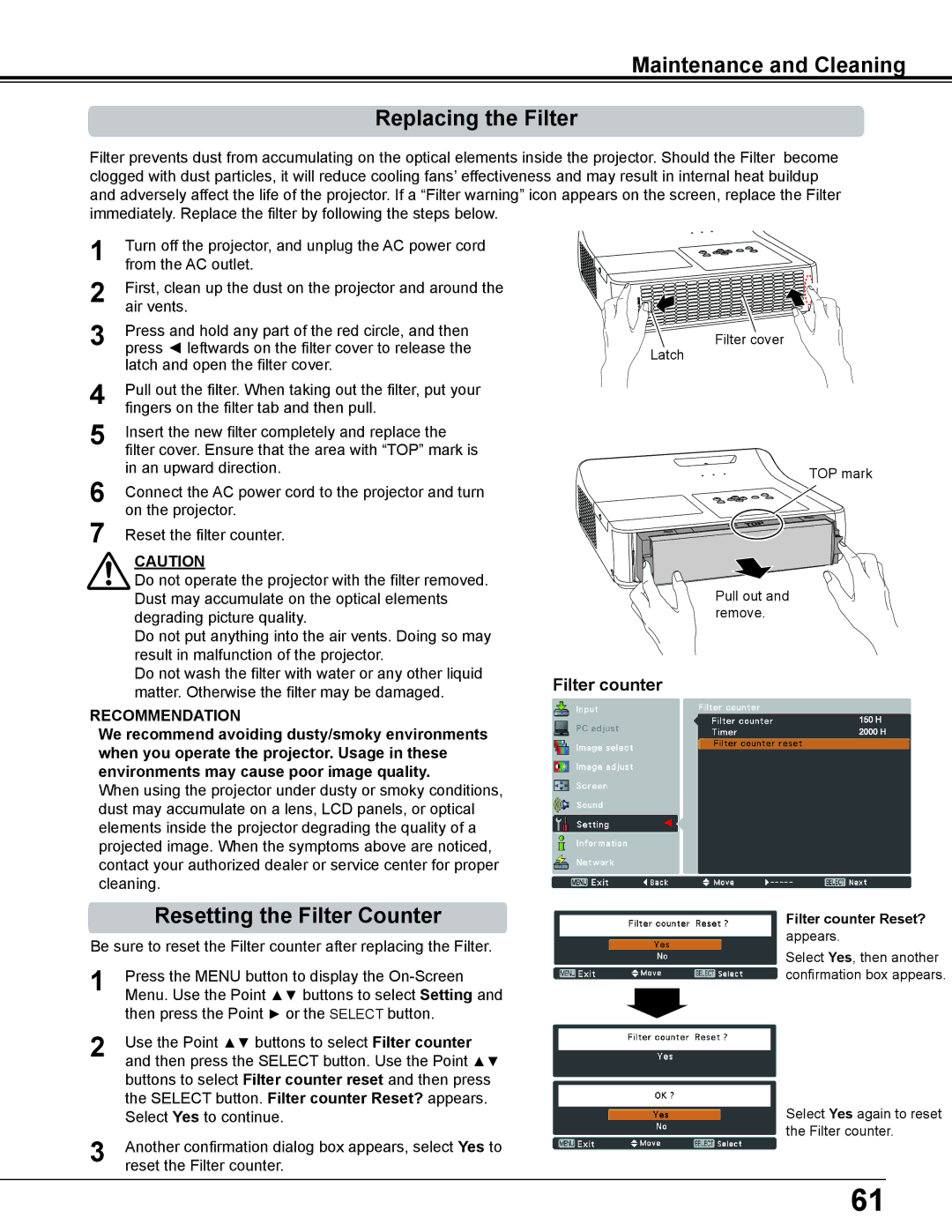 Sanyo PLC-WL2503A Maintenance and Cleaning Replacing the Filter, Resetting the Filter Counter, Filter counter Reset? 