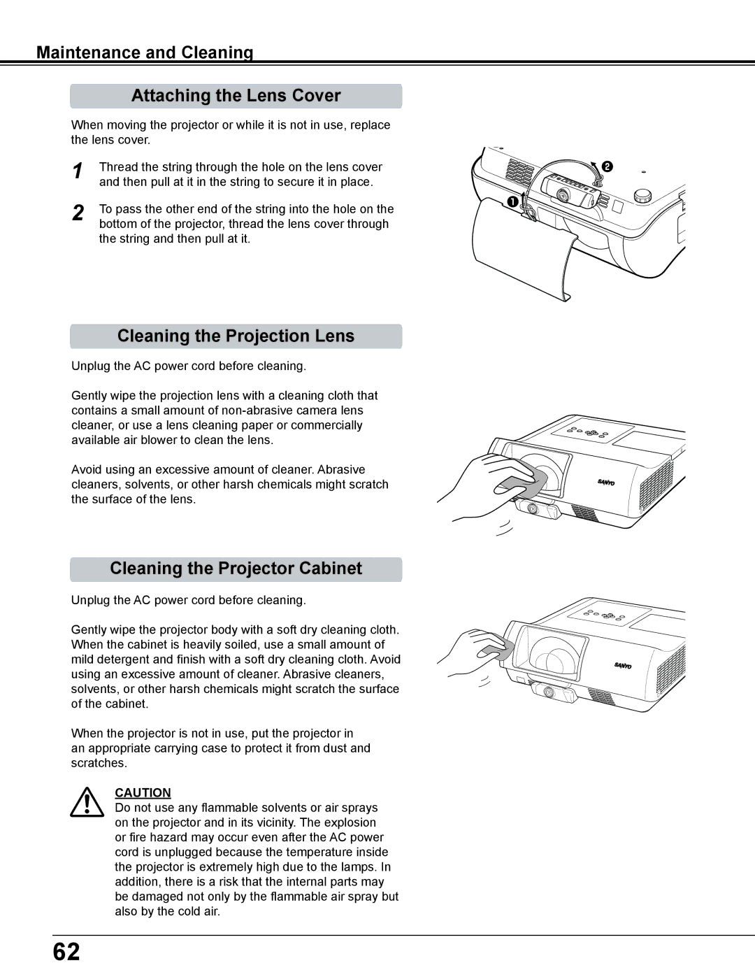 Sanyo PLC-WL2503A owner manual Maintenance and Cleaning Attaching the Lens Cover, Cleaning the Projection Lens 