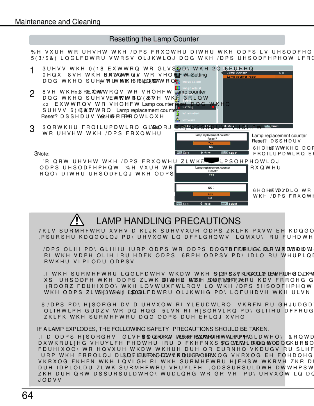 Sanyo PLC-WL2503A Maintenance and Cleaning Resetting the Lamp Counter, Press Select button. Lamp replacement counter 