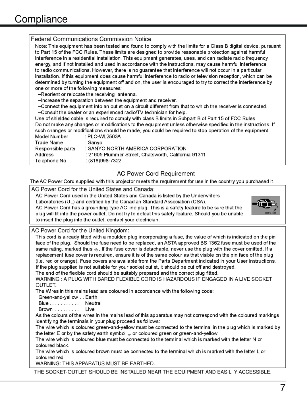 Sanyo PLC-WL2503A Compliance, AC Power Cord for the United States and Canada, AC Power Cord for the United Kingdom 