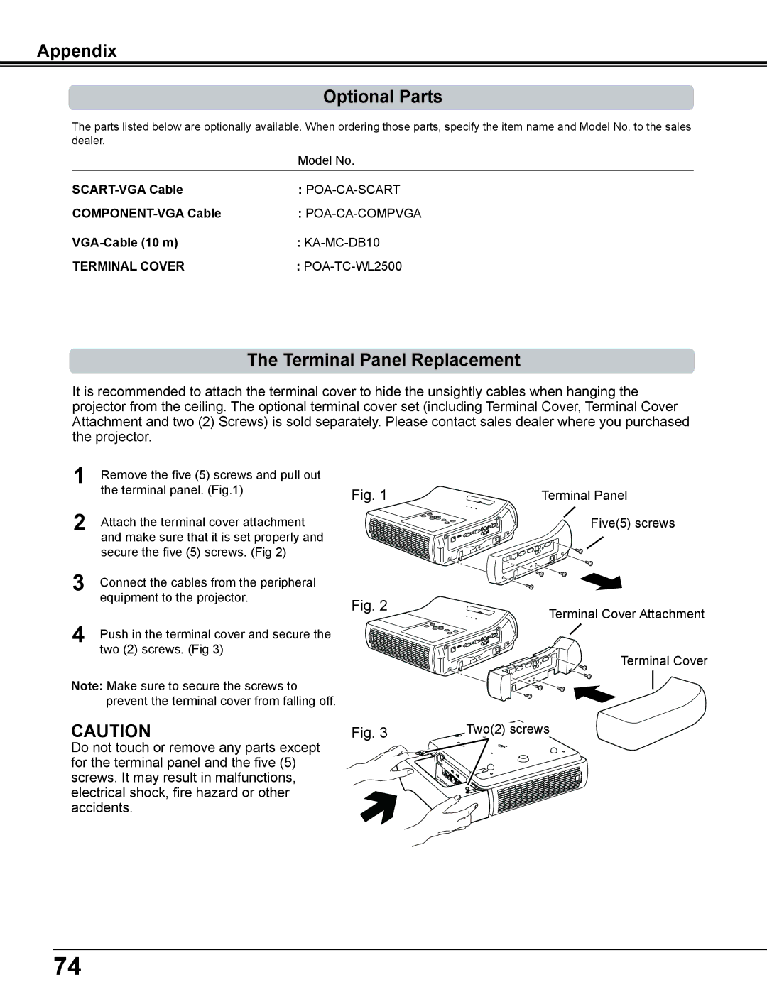 Sanyo PLC-WL2503A owner manual Appendix Optional Parts, Terminal Panel Replacement 