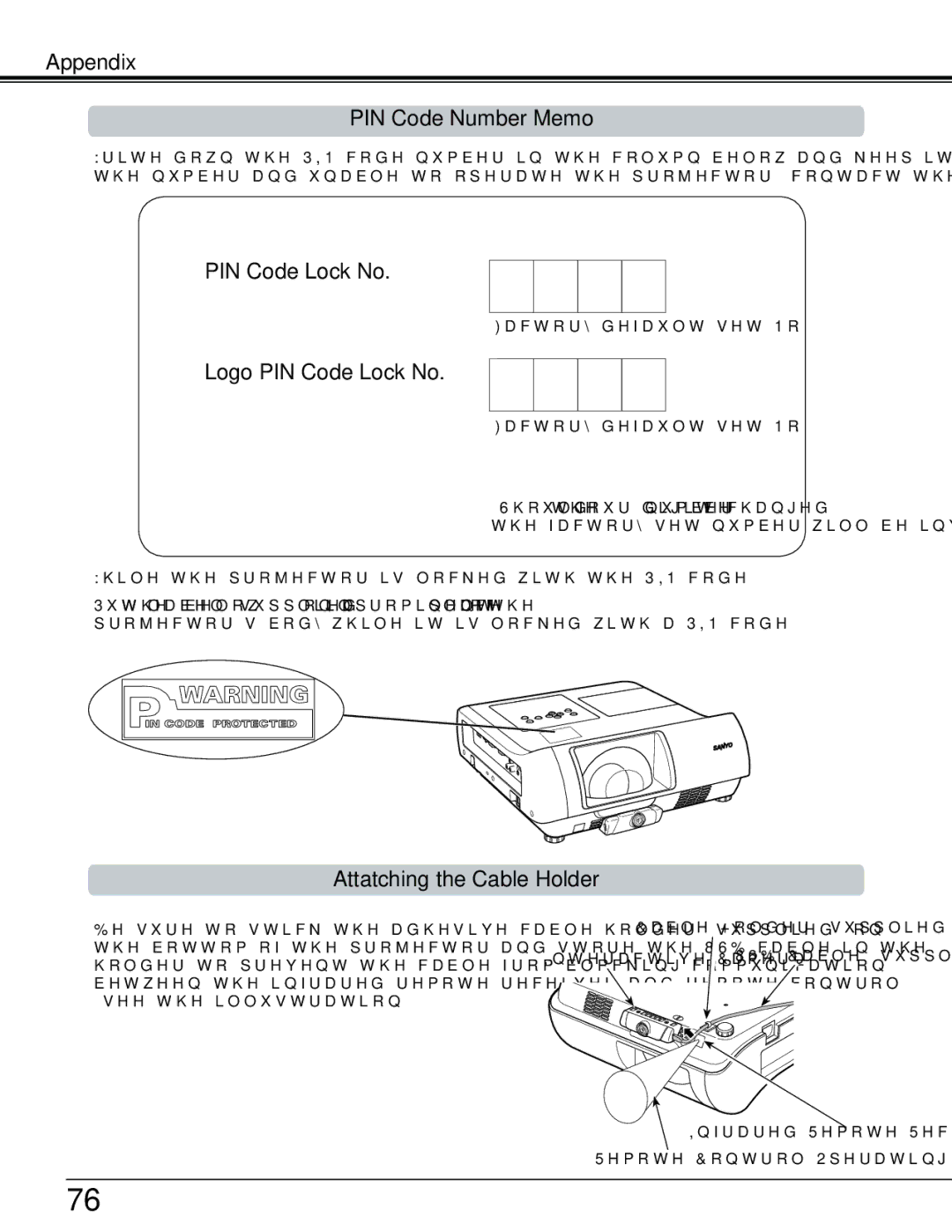 Sanyo PLC-WL2503A owner manual Appendix PIN Code Number Memo, Logo PIN Code Lock No, Attatching the Cable Holder 