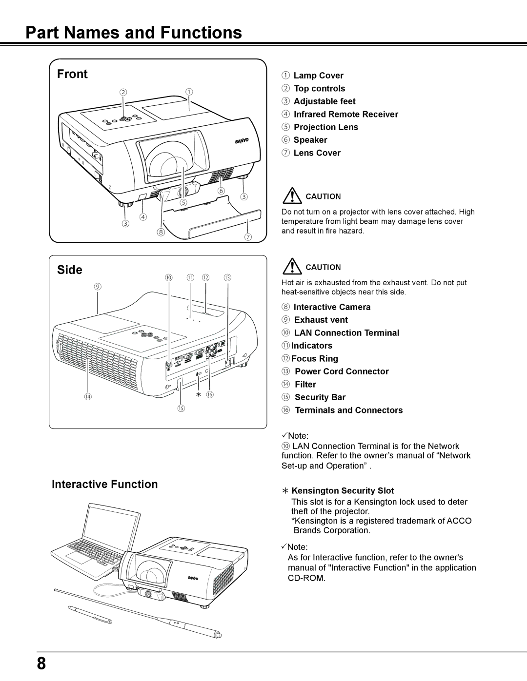 Sanyo PLC-WL2503A owner manual Part Names and Functions, Front Side,  Kensington Security Slot 