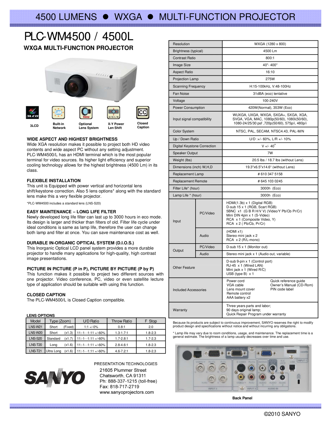 Sanyo dimensions PLC-WM4500 /4500L, LUMENS z WXGA z MULTI-FUNCTIONPROJECTOR, Wxga Multi-Functionprojector, Sanyo 