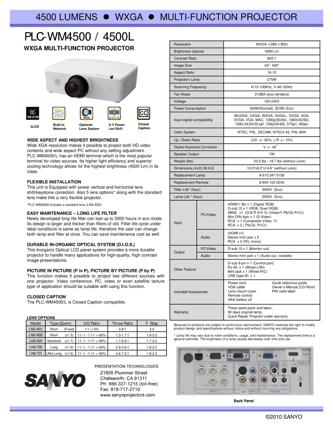 Sanyo PLC-WM4500 dimensions Wide Aspect and Highest Brightness, Flexible Installation, Easy Maintenance Long Life Filter 