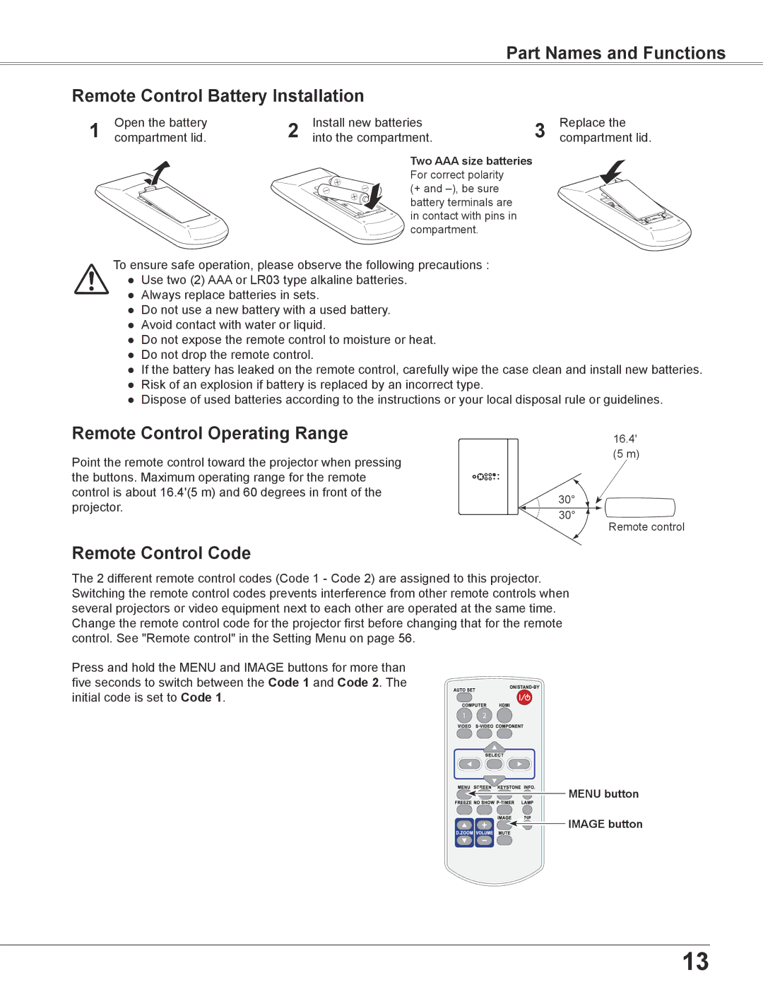 Sanyo PLC-WU3800 owner manual Remote Control Operating Range, Remote Control Code 