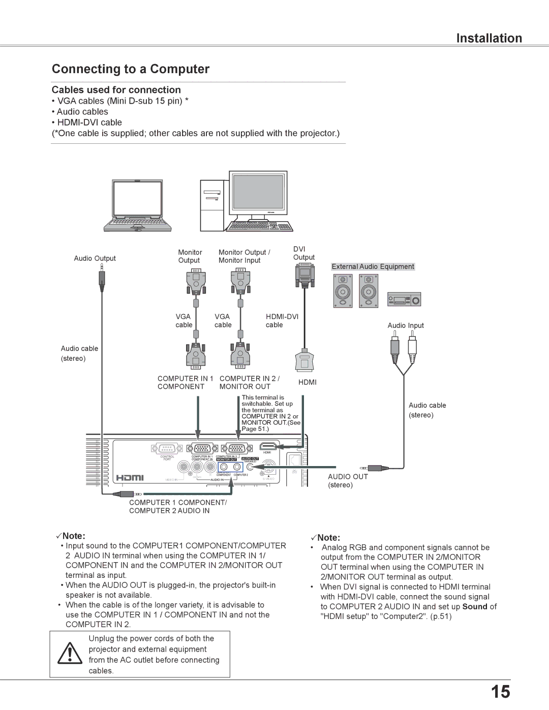 Sanyo PLC-WU3800 owner manual Installation Connecting to a Computer, Cables used for connection 