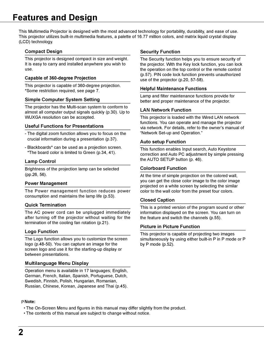 Sanyo PLC-WU3800 owner manual Features and Design 