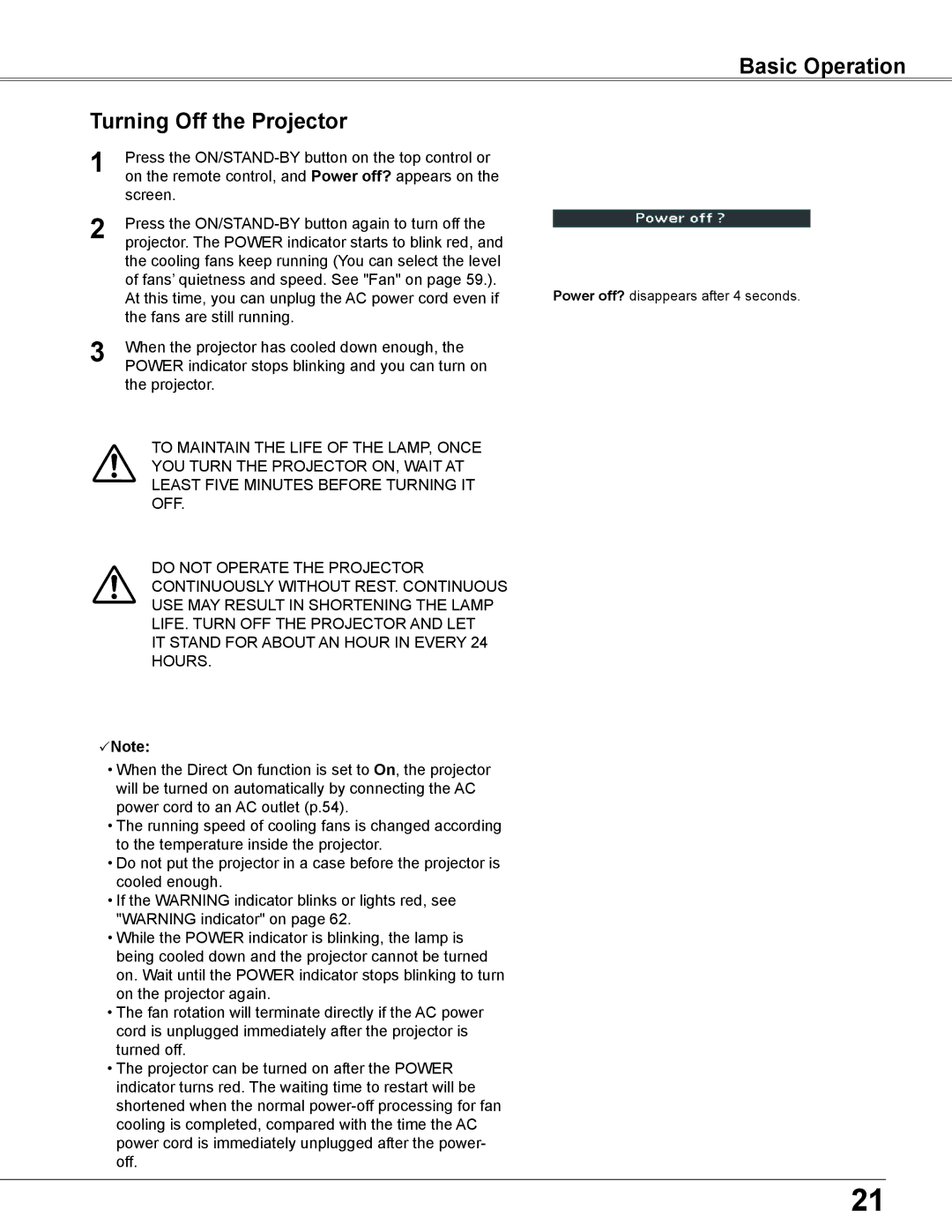 Sanyo PLC-WU3800 owner manual Basic Operation Turning Off the Projector 