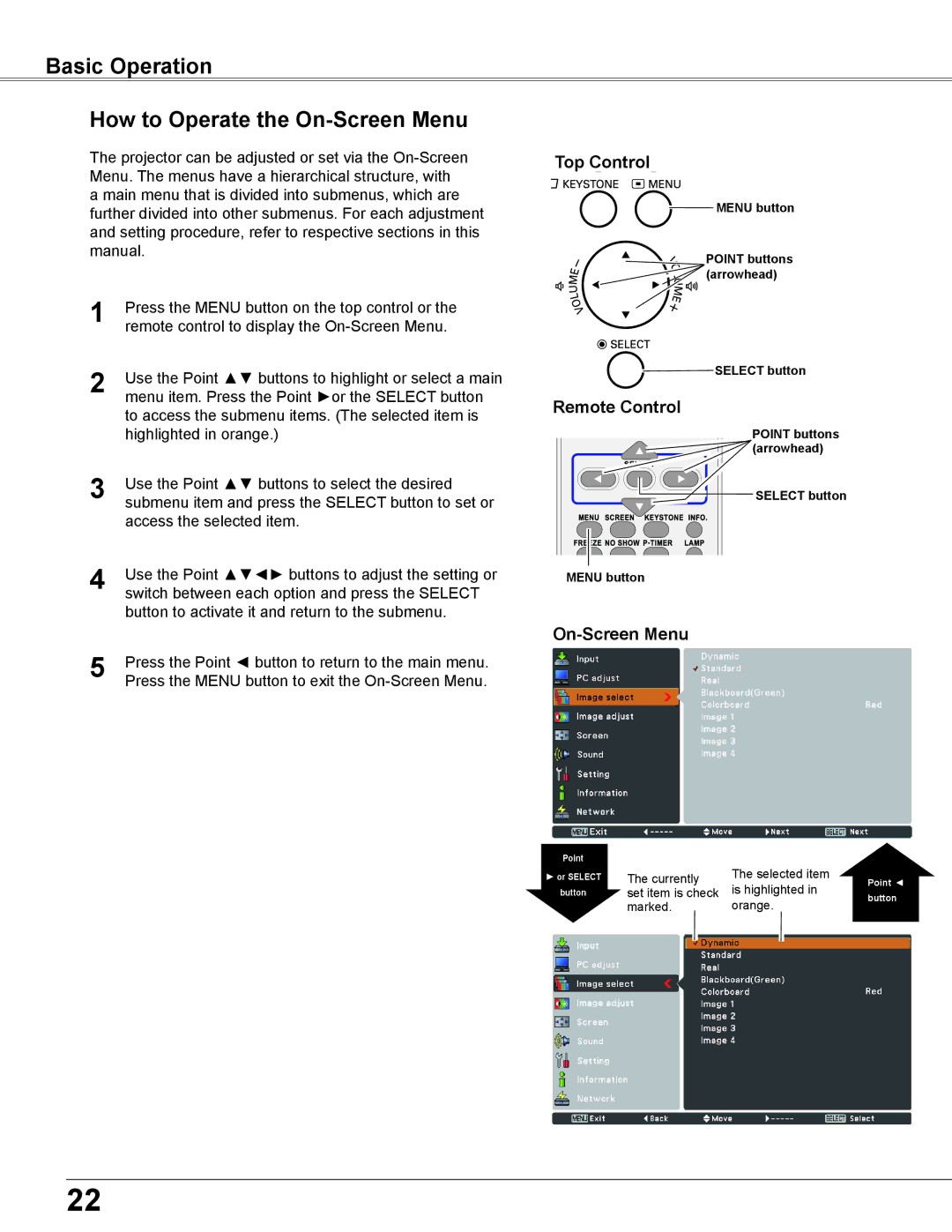 Sanyo PLC-WU3800 owner manual Basic Operation How to Operate the On-Screen Menu, Top Control, Remote Control 