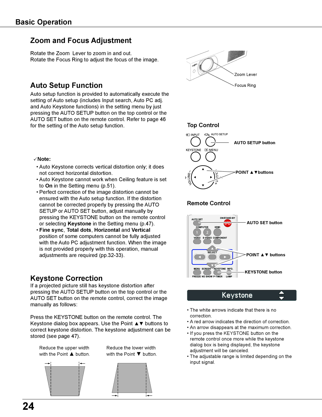 Sanyo PLC-WU3800 owner manual Basic Operation Zoom and Focus Adjustment, Auto Setup Function, Keystone Correction 