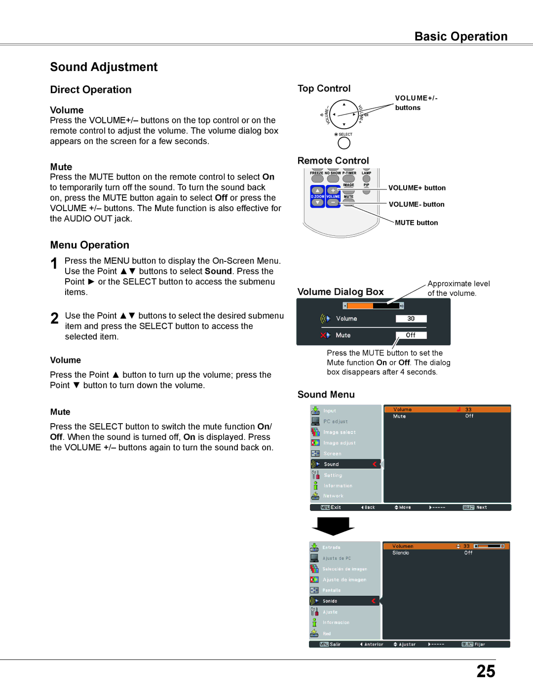 Sanyo PLC-WU3800 owner manual Basic Operation Sound Adjustment, Mute, Volume Dialog Box, Sound Menu 