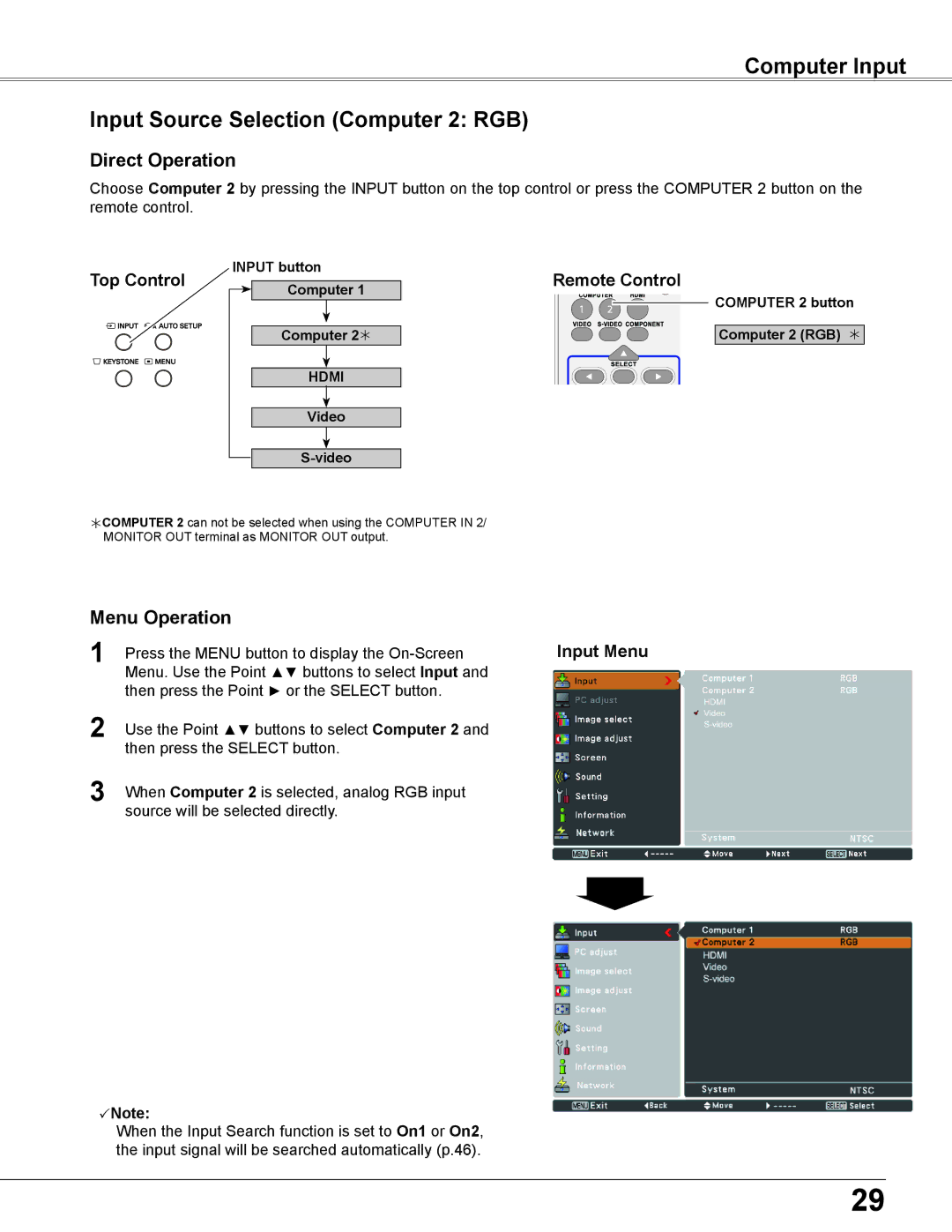 Sanyo PLC-WU3800 owner manual Computer Input Input Source Selection Computer 2 RGB, Input Menu 