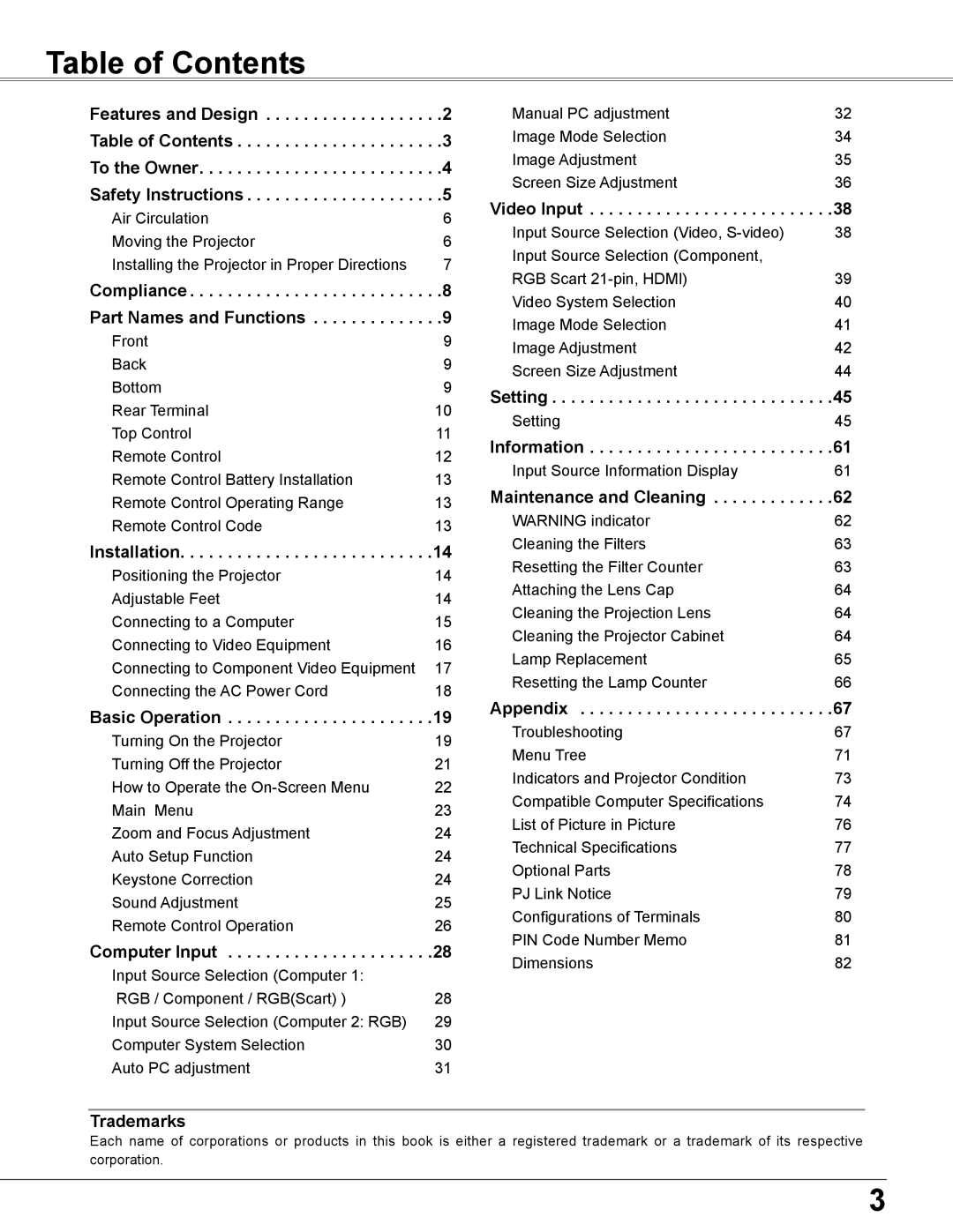 Sanyo PLC-WU3800 owner manual Table of Contents 