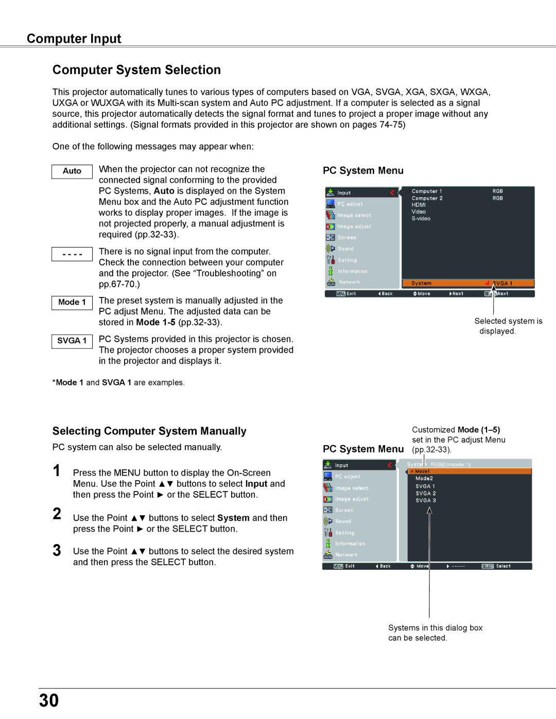 Sanyo PLC-WU3800 owner manual Computer Input Computer System Selection, PC System Menu pp.32-33 