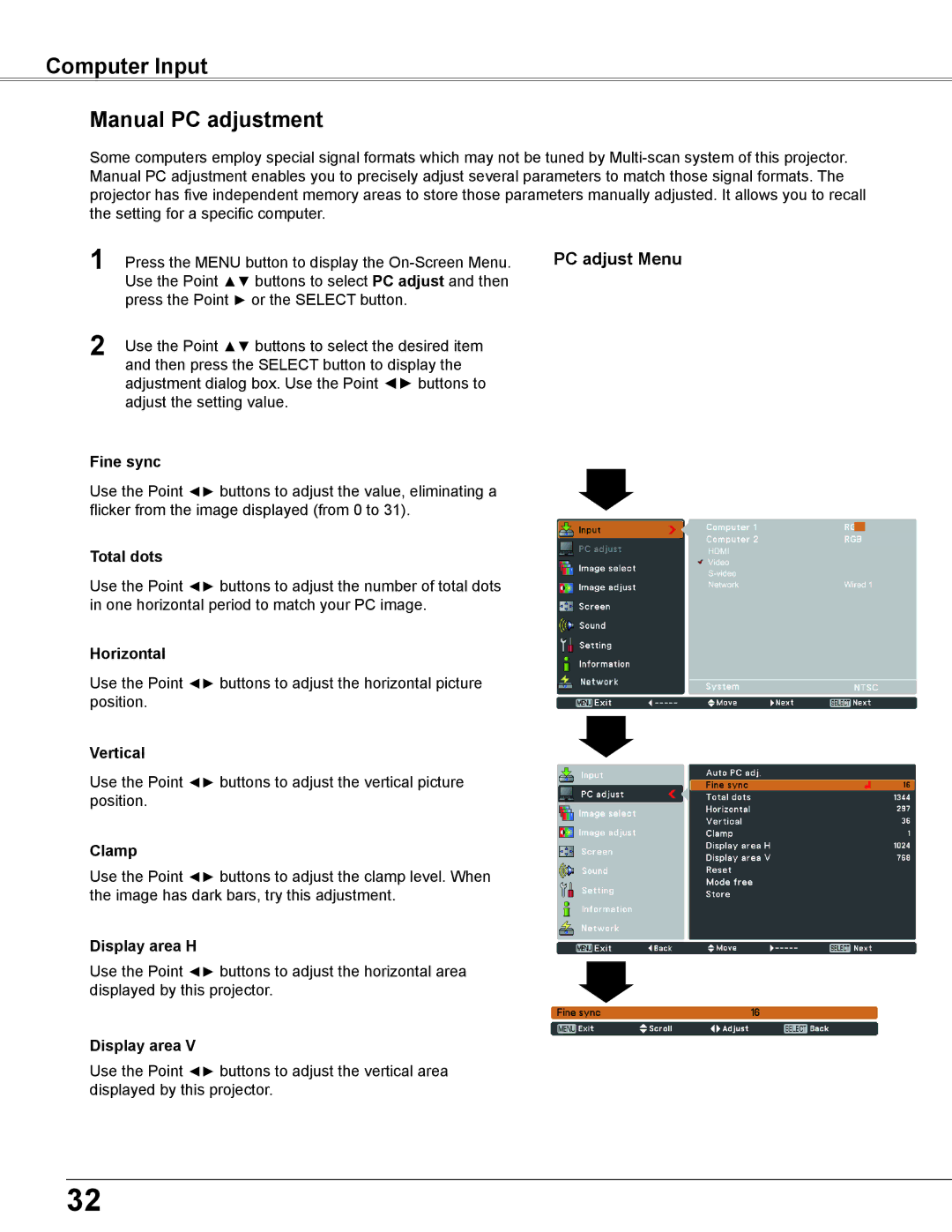 Sanyo PLC-WU3800 owner manual Computer Input Manual PC adjustment 