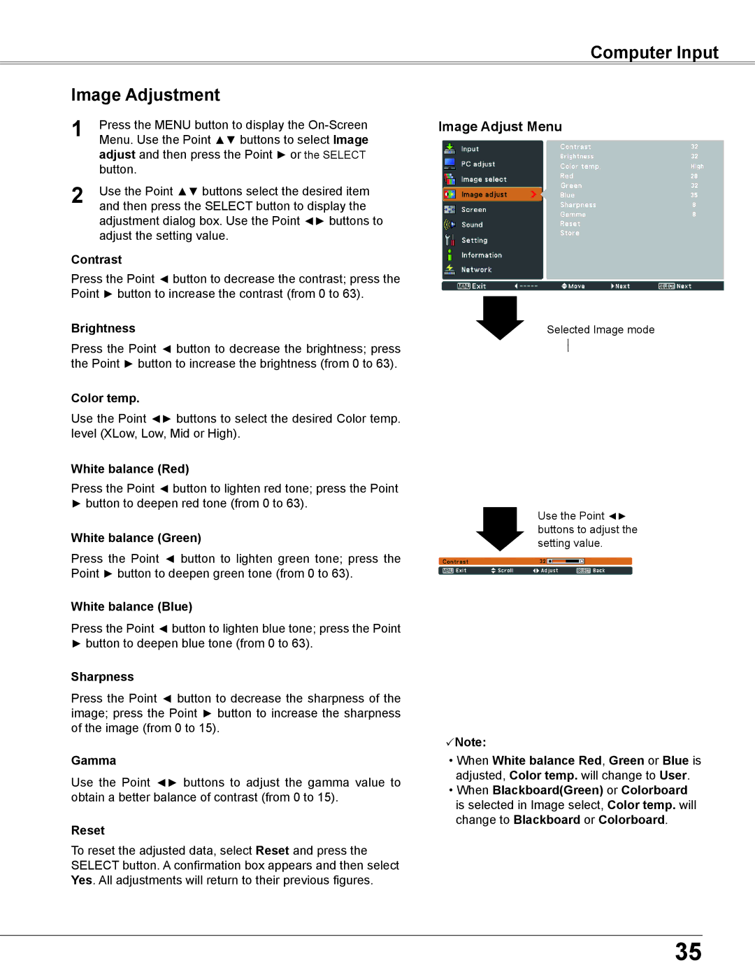 Sanyo PLC-WU3800 owner manual Computer Input Image Adjustment, Image Adjust Menu 