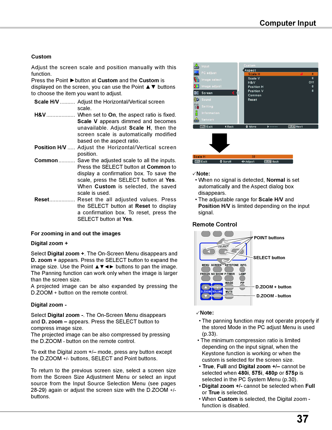 Sanyo PLC-WU3800 owner manual Custom, Position H/V, For zooming in and out the images Digital zoom + 