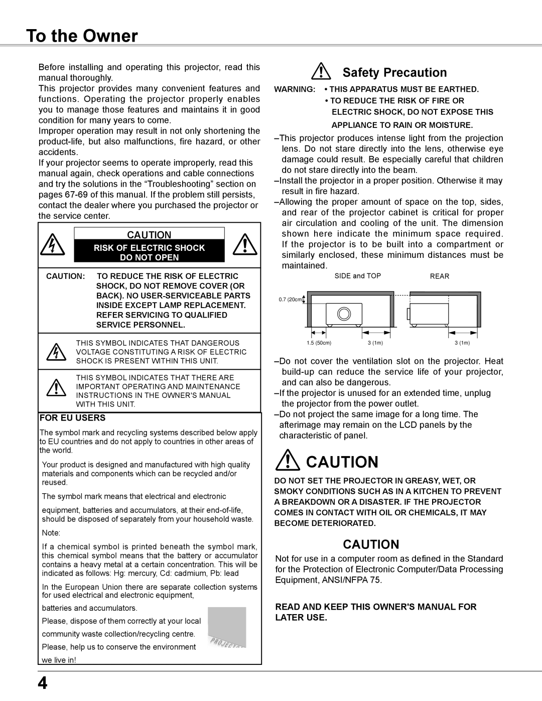 Sanyo PLC-WU3800 owner manual To the Owner, Safety Precaution 