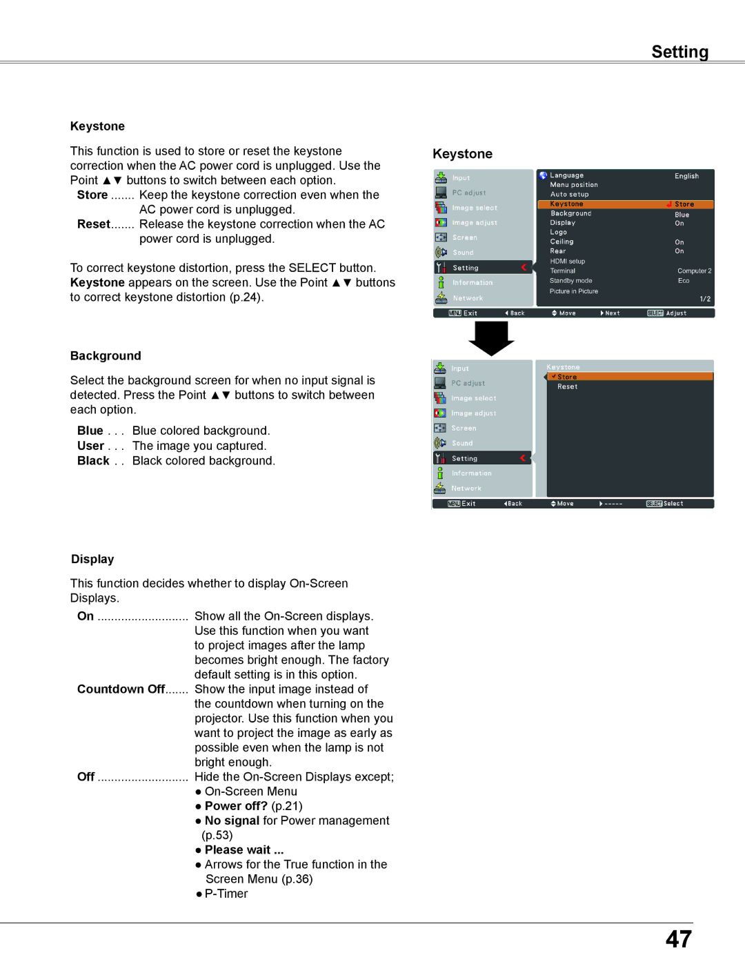 Sanyo PLC-WU3800 owner manual Keystone, Background, Display, Countdown Off, Power off? p.21, Please wait 