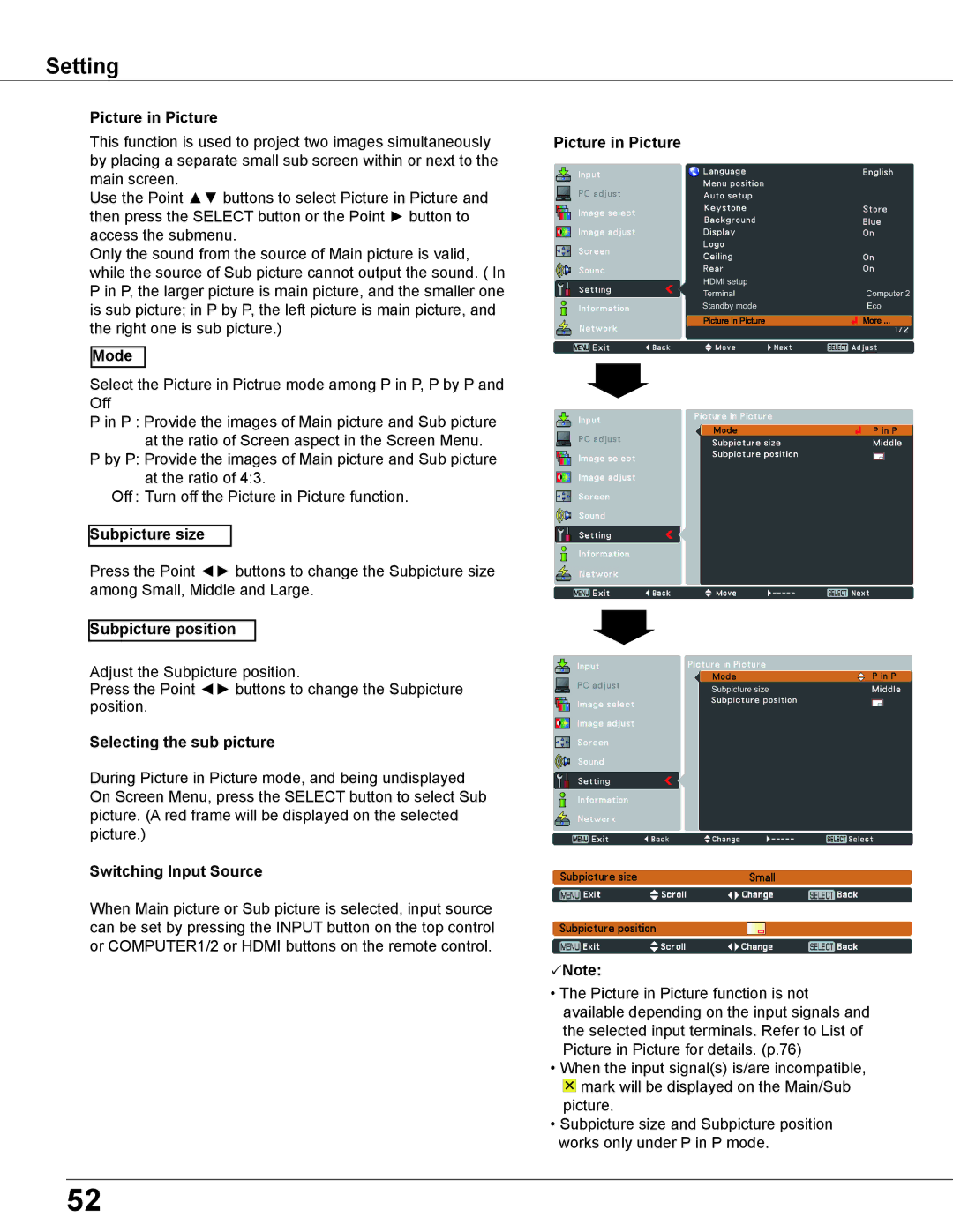 Sanyo PLC-WU3800 owner manual Picture in Picture, Mode, Subpicture size, Subpicture position, Selecting the sub picture 