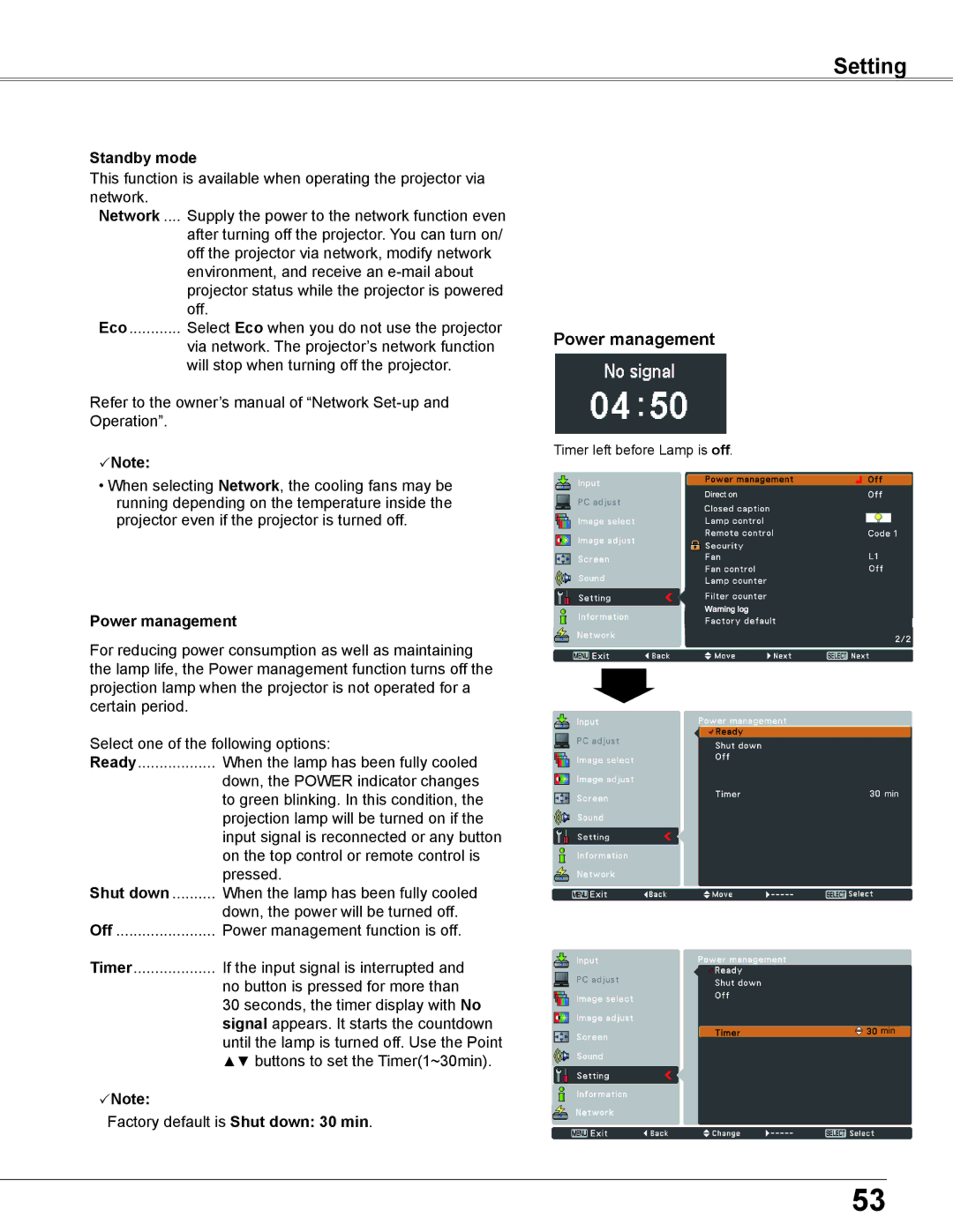 Sanyo PLC-WU3800 owner manual Standby mode, Power management 