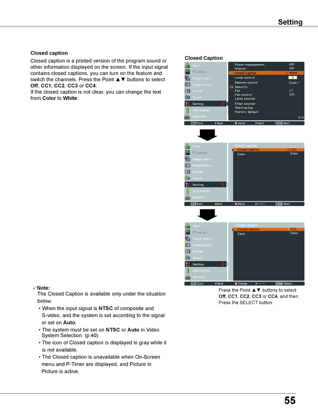 Sanyo PLC-WU3800 owner manual Closed caption, Closed Caption 