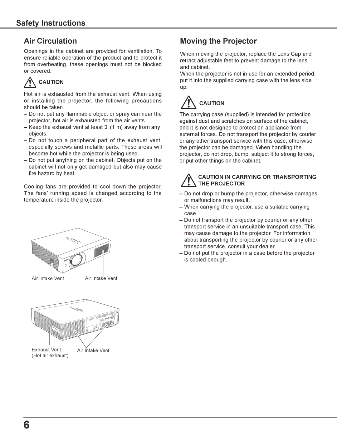 Sanyo PLC-WU3800 owner manual Safety Instructions Air Circulation, Moving the Projector 