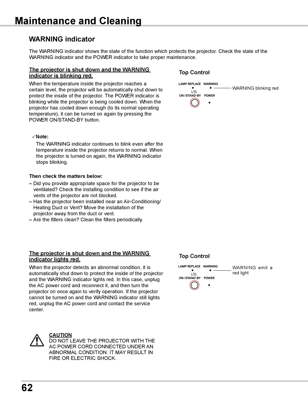 Sanyo PLC-WU3800 owner manual Maintenance and Cleaning, Projector is shut down and the Warning indicator lights red 