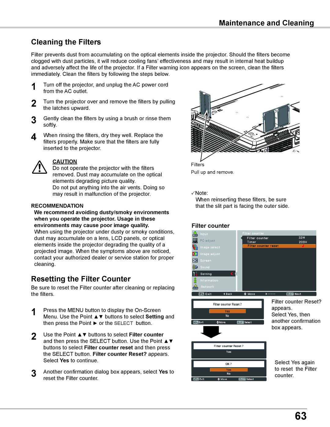 Sanyo PLC-WU3800 owner manual Maintenance and Cleaning Cleaning the Filters, Resetting the Filter Counter 