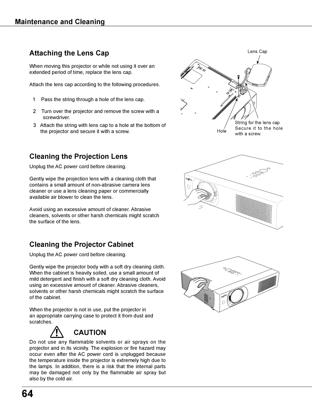 Sanyo PLC-WU3800 owner manual Maintenance and Cleaning Attaching the Lens Cap, Cleaning the Projection Lens 