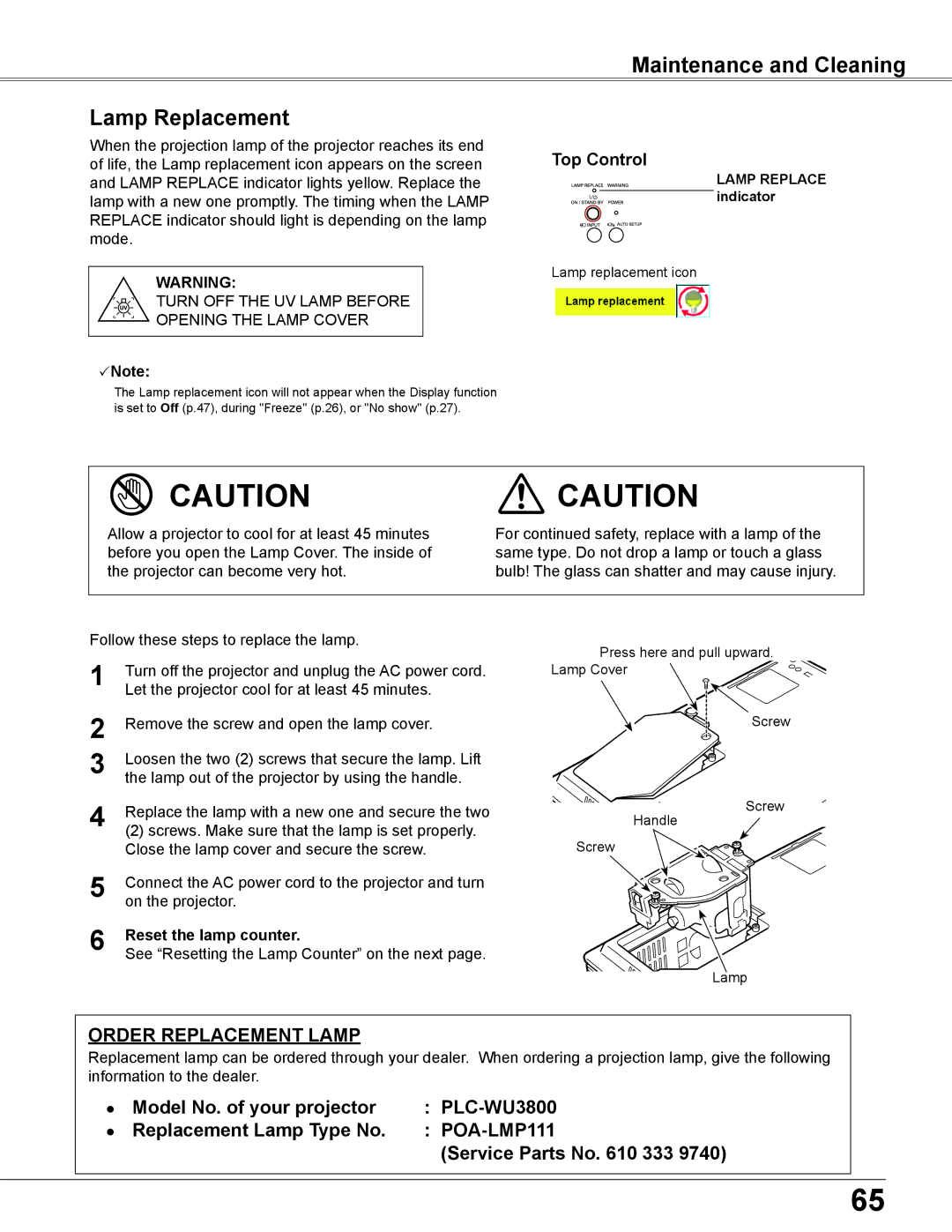 Sanyo PLC-WU3800 owner manual Maintenance and Cleaning Lamp Replacement, Service Parts No. 333, Reset the lamp counter 