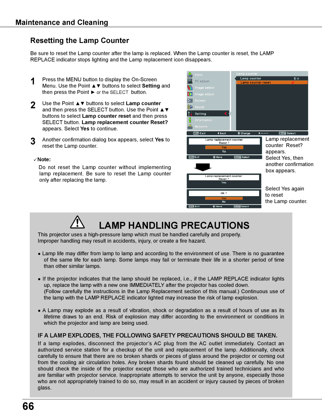 Sanyo PLC-WU3800 Maintenance and Cleaning Resetting the Lamp Counter, Select button. Lamp replacement counter Reset? 