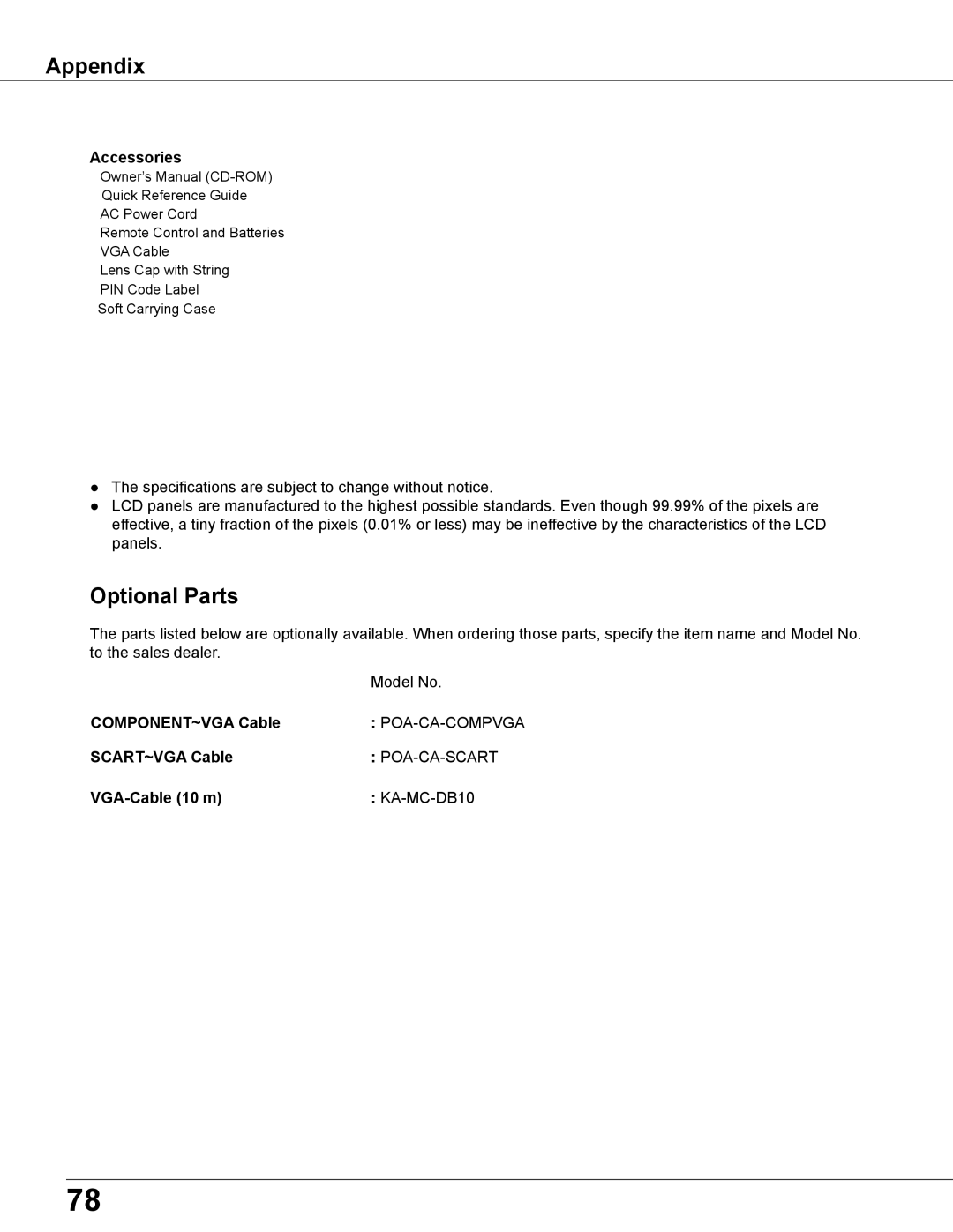 Sanyo PLC-WU3800 owner manual Optional Parts 