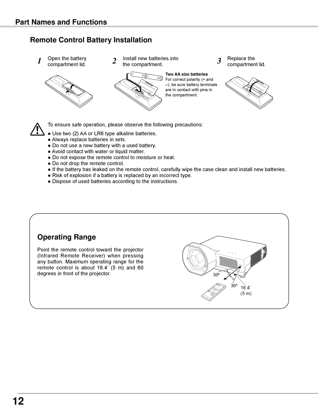 Sanyo PLC-WXE45 owner manual Remote Control Battery Installation, Operating Range, Part Names and Functions 