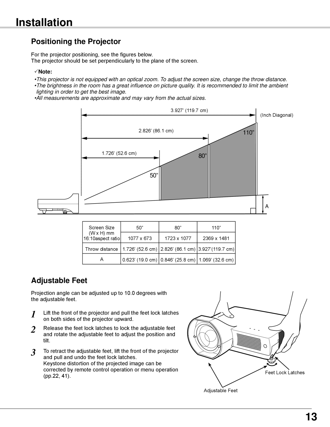 Sanyo PLC-WXE45 owner manual Installation, Positioning the Projector, Adjustable Feet, Note 