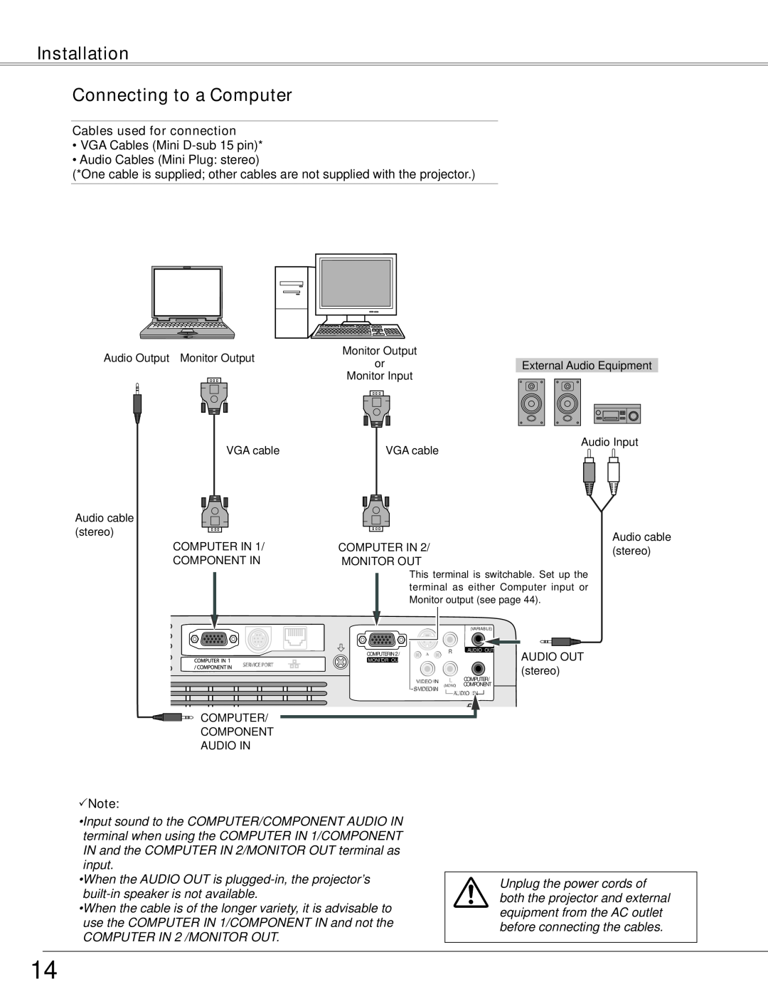 Sanyo PLC-WXE45 owner manual Installation Connecting to a Computer, Cables used for connection, Note 