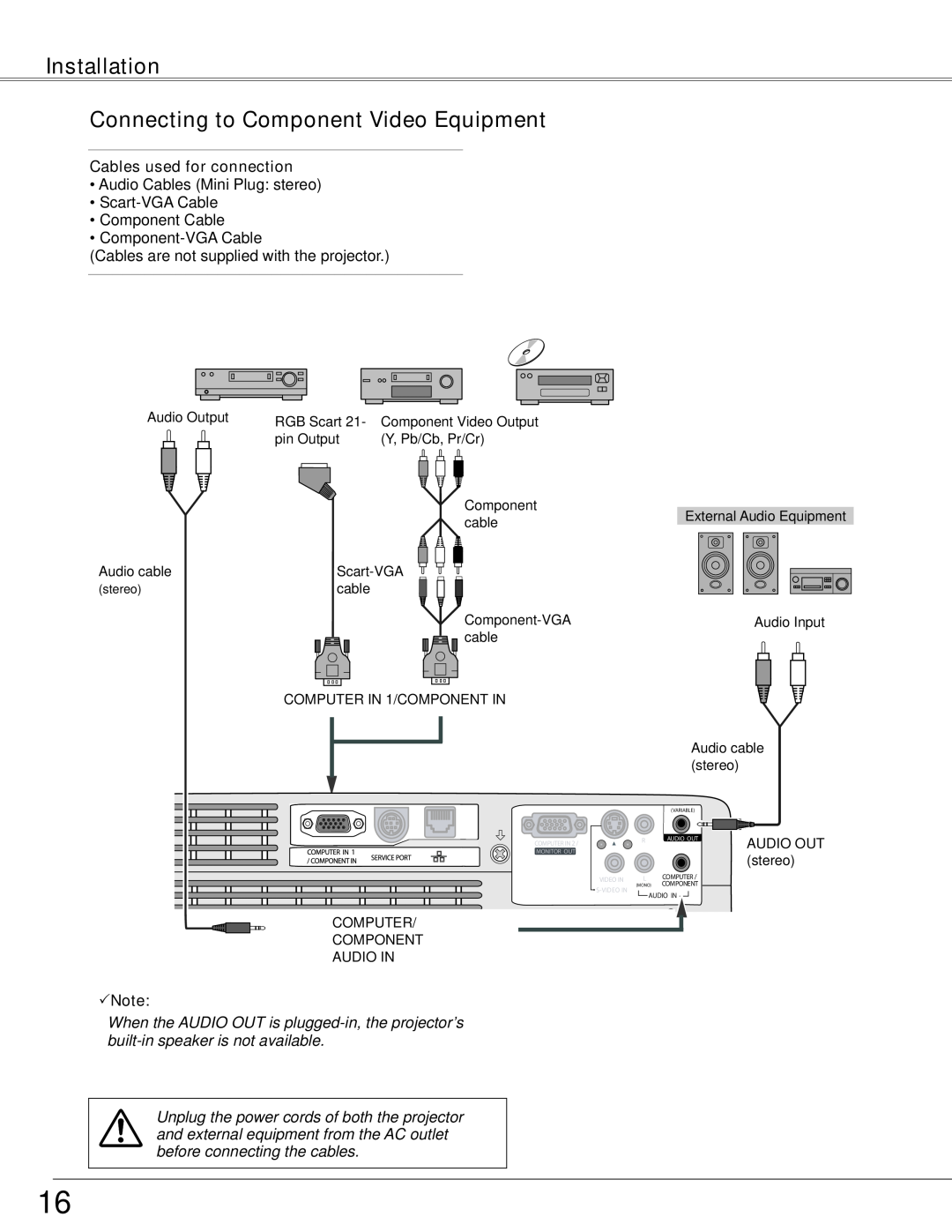 Sanyo PLC-WXE45 owner manual Installation, Connecting to Component Video Equipment, Cables used for connection, Note 