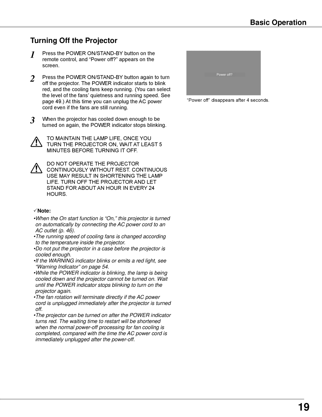 Sanyo PLC-WXE45 owner manual Basic Operation, Turning Off the Projector, Note 