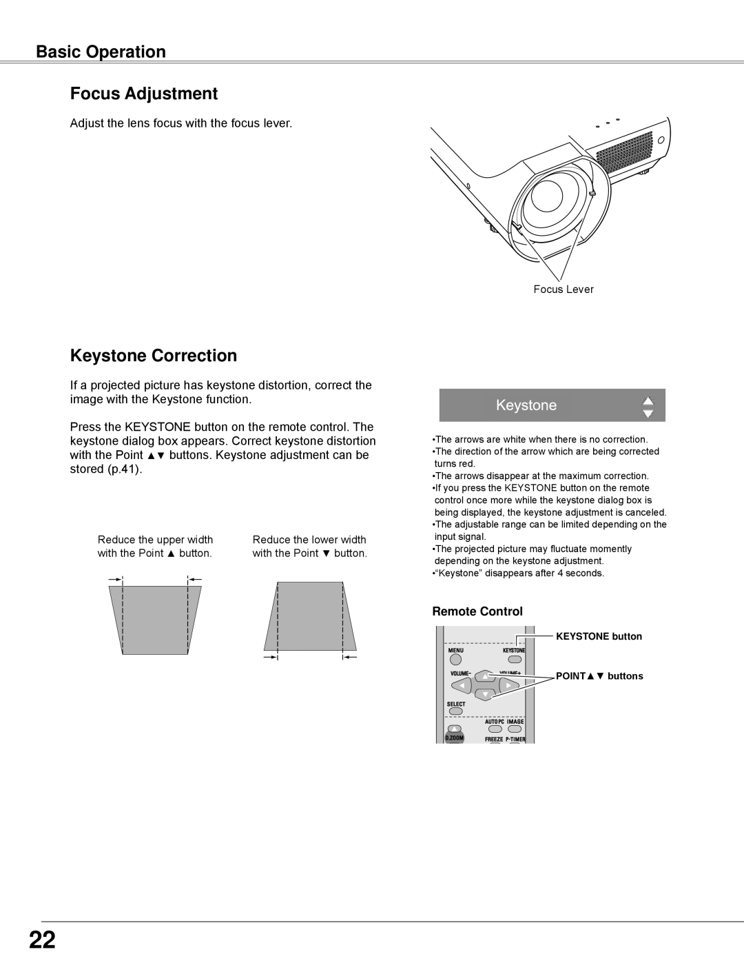 Sanyo PLC-WXE45 owner manual Basic Operation Focus Adjustment, Keystone Correction, Remote Control 