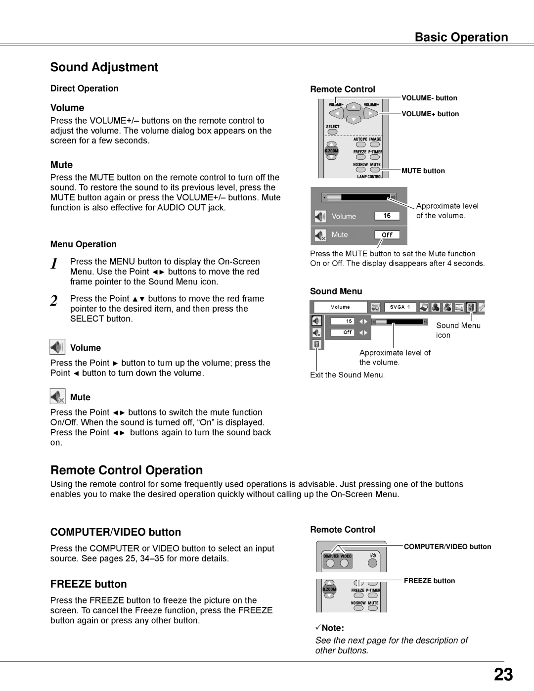 Sanyo PLC-WXE45 Sound Adjustment, Remote Control Operation, COMPUTER/VIDEO button, FREEZE button, Basic Operation, Volume 