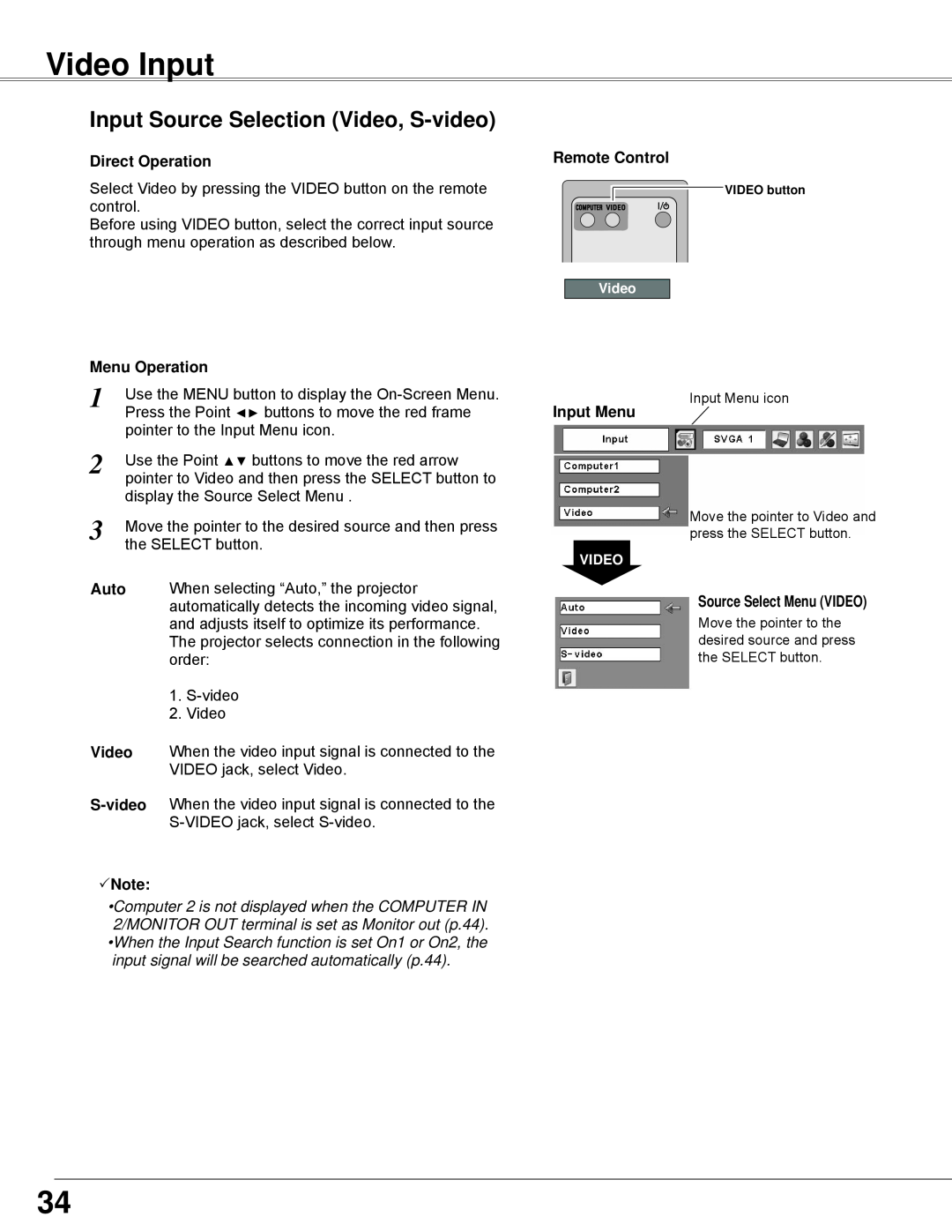 Sanyo PLC-WXE45 Video Input, Input Source Selection Video, S-video, Direct Operation, Menu Operation, Remote Control 